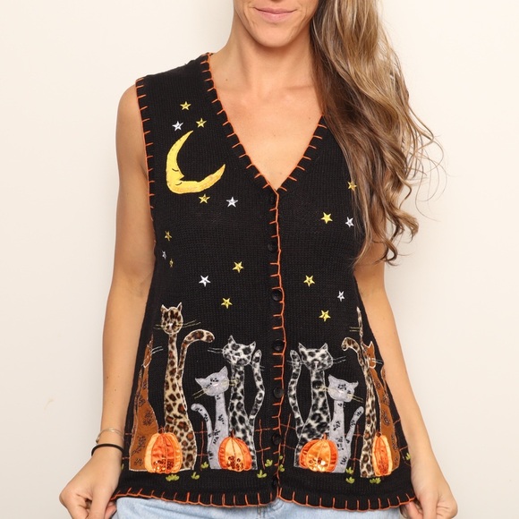 Vintage Jackets & Blazers - 🎃 🐈‍⬛ Vintage Halloween Cat and Moon Knit Vest